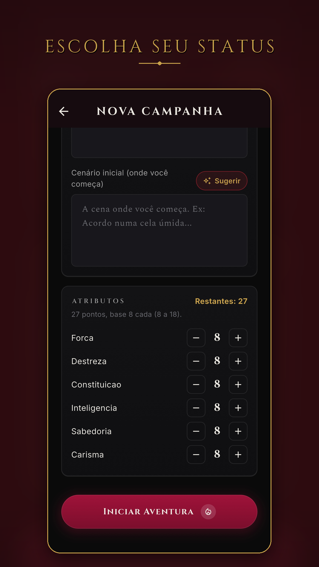 Definição de atributos e status do personagem